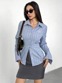 Feyla Blue School Blouse Striped Embroidered Asymmetrical Cuff Cinched Waist Long Sleeve Shirt - Blue - View 3