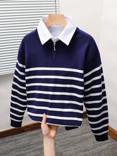 Tween Boy Casual Striped Stand Collar Cardigan Sweater;Boys Winter Clothes;Boys Fall Clothes