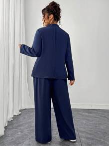 Elenzga 大码女式两件套：双排扣简约西装外套和宽松西装裤，时尚通勤别致职业休闲优雅商务装 - 藏蓝色 - 查看 2