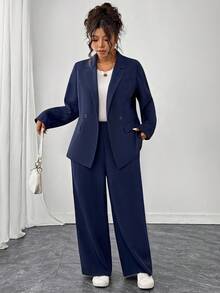 Elenzga 大码女式两件套：双排扣简约西装外套和宽松西装裤，时尚通勤别致职业休闲优雅商务装 - 藏蓝色 - 查看 3