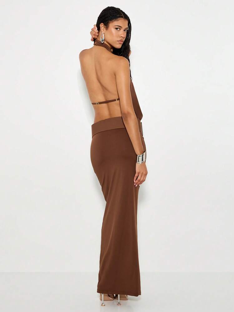 KIZN Halter Neck Maxi Dress With Belted Draped Bodice