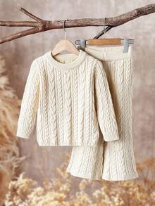 SHEIN 2 piezas Conjunto de suéter casual de cuello redondo de unicolor y pantalones de corte holgado para niña joven