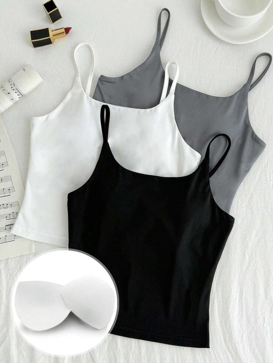 SHEIN Girlism Bộ 3 áo ba lỗ bó sát dành cho bé gái tuổi teen, màu đen/trắng/xám, áo ba lỗ thông thường đa năng, phù hợp với mọi mùa - Nhiều màu - Xem 1
