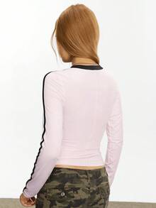 Rina Fox Women's Letter Print V-Neck Contrast Trim Long Sleeve Pullover T-Shirt