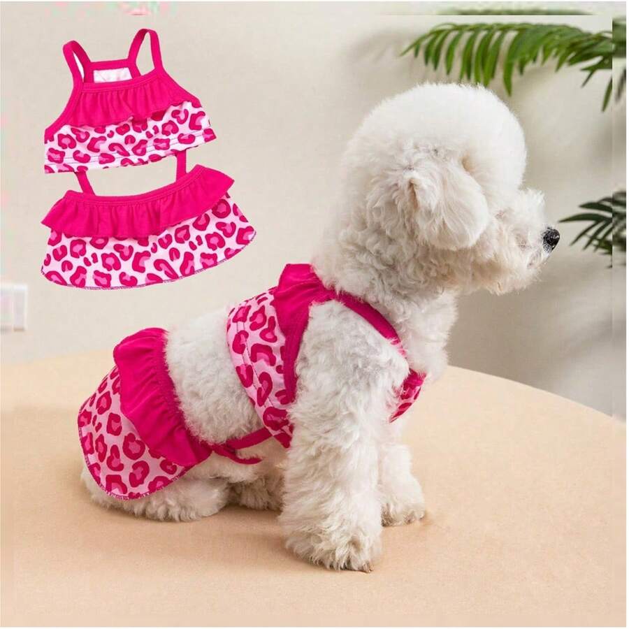 Conjunto de traje de baño para perro, ropa para perro, falda y traje de baño con estampado de leopardo rosa, bikini de verano transpirable y con estilo, accesorios de fotografía para mascotas, suministros para mascotas, adecuado para perros y gatos para nadar