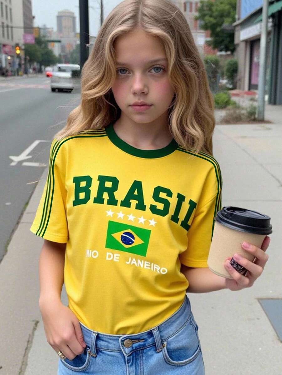 SHEIN Leap Crew Brasil, Soccer, Football, Player, Fans, Street Style, Kids'' Choice Collection, Everyday Basic, Happy Kids, Pastel Colors For Kids, Bikercore, Family Trip, Happy Days, I Love Mommy, I Love Daddy, Lovely Home, Cool Kids, Tween Girl Casual Simple Short Sleeve Round Neck T-Shirt, Suitable For Summer - Multicolor - View 1