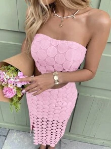 Breezaya Elegant White 3D Polka Dot Tie-Up Bandeau & Slit Skirt 2 Pieces Set For Women