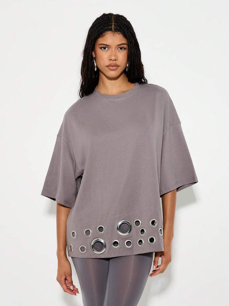 KIZN Oversized T-Shirt With Metal Eyelet Hem Detail