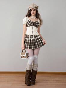 ROMWE Bộ 2 áo sơ mi kẻ caro và chân váy xếp ly cho nữ - Màu be - Xem 10