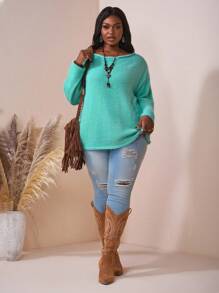 SHEIN CURVE+ 大码纯色斜肩针织休闲宽松大码套头衫女秋装，冬季，CURVE PLUS/秋冬 - 綠色 - 查看 7