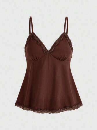 Fairycore Camiseta de tirantes de mujer con volantes de encaje en contraste de unicolor