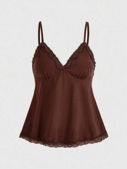 Fairycore Canotta da donna con volant in pizzo a contrasto di colore unito