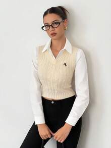 SHEIN Tall Women's Casual Fall Winter Cable Knit Sweater Vest Sweater Vest For Women Preppy Vest Cable Knit Vest,Tops For School In Fall/Winter