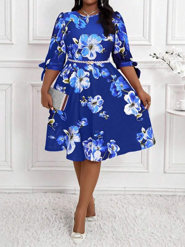 SHEIN Lady Plus Size Women's Royal Blue Elegant Blue Floral Dress,Summer Wedding Party Round Neck Leg-Of-Mutton Half Sleeve Midi Dress Holiday Cocktail Outfit