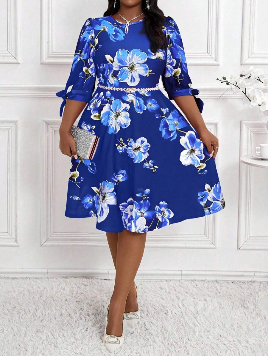 SHEIN Lady 春夏秋冬优雅派对通勤婚礼情人节酒会办公室红色针织圆领喇叭袖蝴蝶结中长七分袖大码连衣裙新年装节日服装节日连衣裙节日派对连衣裙跨年夜连衣裙新年连衣裙新年派对 - 彩色 - 查看 1