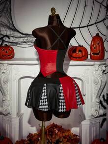 Amplova Bộ 2 trang phục chú hề Halloween với áo crop top chắp vá màu tương phản và chân váy mini xếp ly rộng - Đỏ - Xem 7