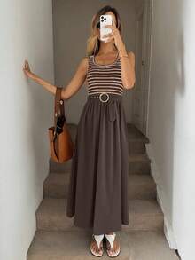 SHEIN LUNE Rochie de vară pentru femei, fără mâneci, cu dungi, model patchwork - Maro - Vizualizare 1