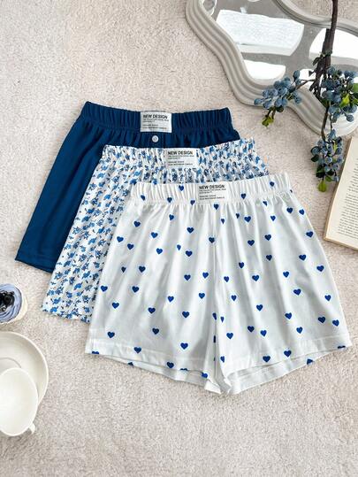 SHEIN 3pcs/Set Girls' Floral, Heart Print And Blue Shorts Pajama Set Girls Shorts Set Toddler Girl Shorts Kids Summer Shorts Heart Print Shorts Cotton Shorts Kids