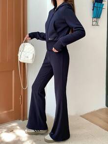 SHEIN Teen Girls Casual Fitted Jacket Hoodie Long Sleeve And Flared Leg Pants Co-Ord Set