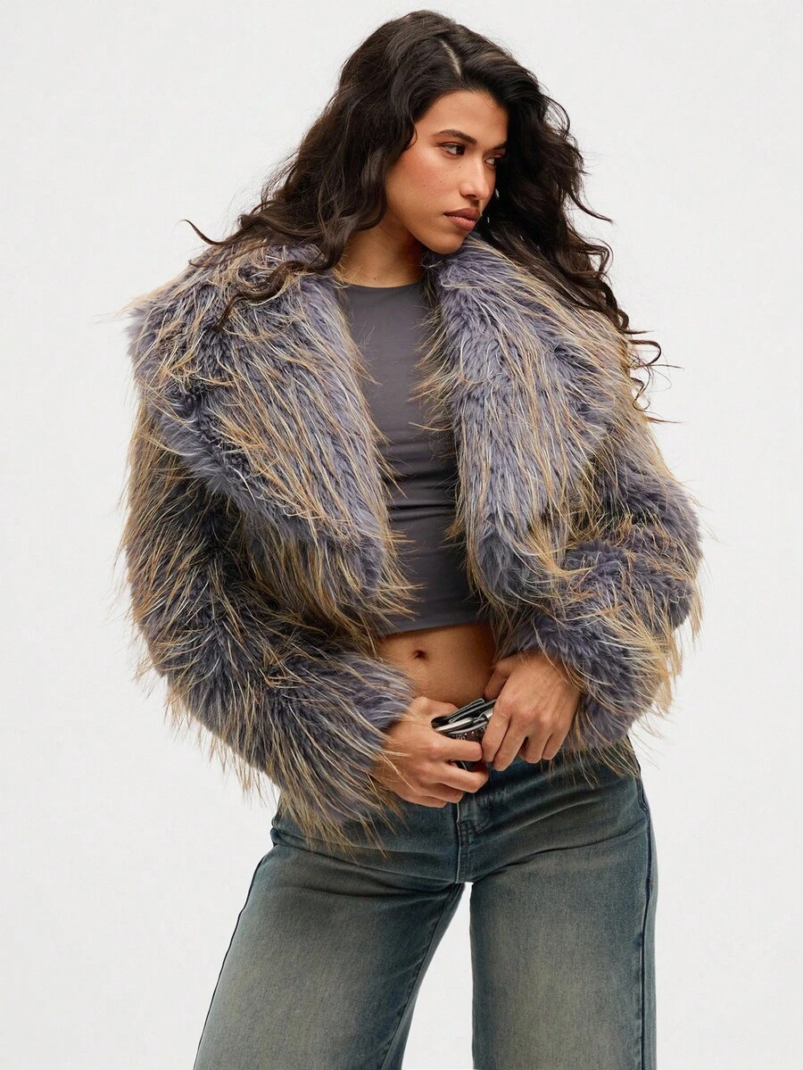 Aloruh 新款超大领人造毛皮夹克，秋冬百搭日常外套