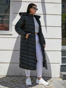 SHEIN Cottnline معطف بسحّاب مزود بغطاء رأس وطبقة حشوية مزينة بتقليم من الفرو الطويل بحجم بلس - الأسود - مشاهدة 6