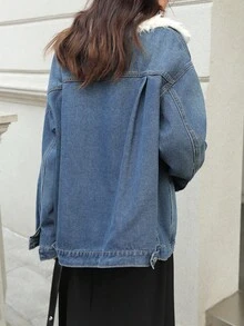 K-Vae 女秋冬深蓝色毛领复古日常牛仔外套圣诞牛仔夹克韩版风万圣节服装别致秋季 - 深色水洗藍 - 查看 2