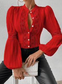 Chiquease Guipure Lace Insert Lantern Sleeve Blouse For New Year Clothes Women Shirt - Red - View 5