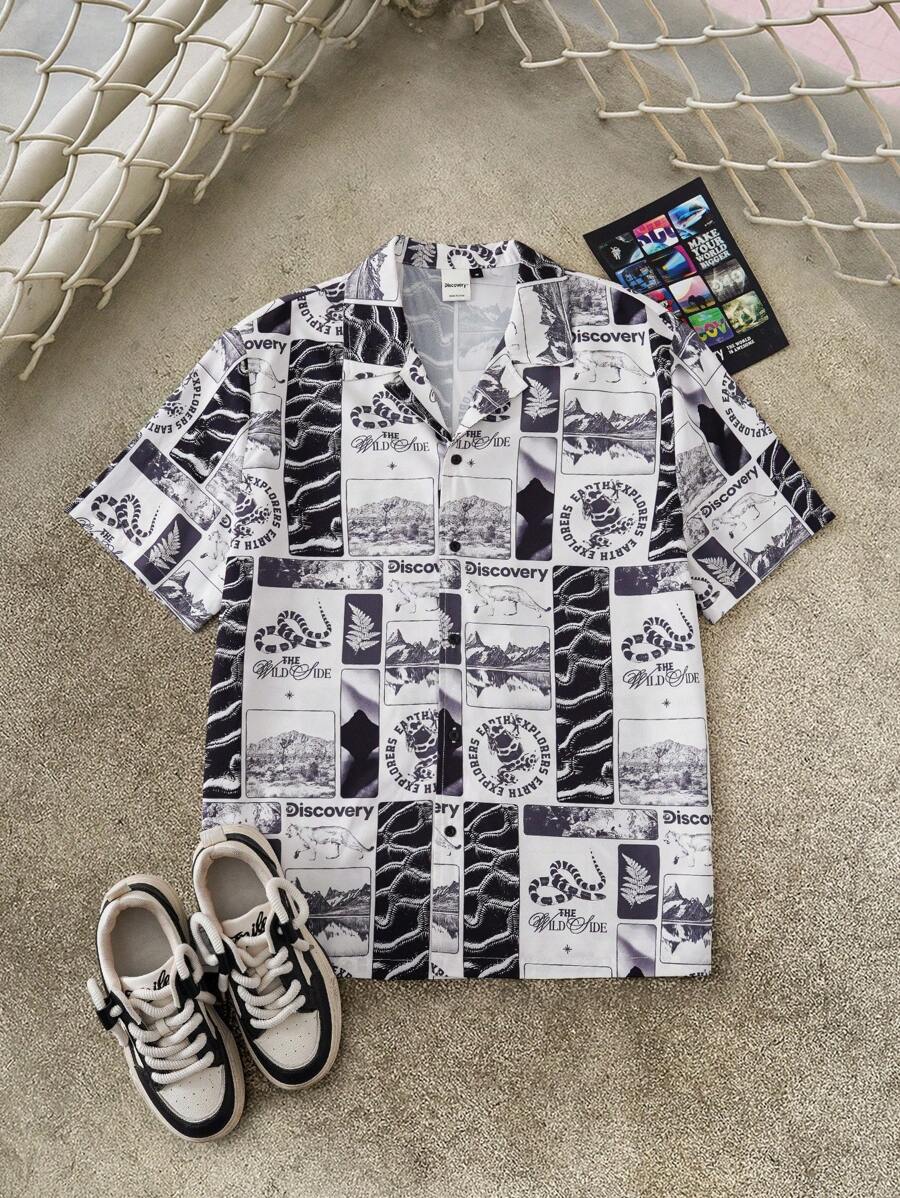 Discovery X SHEIN 男式全印花纽扣前休闲短袖衬衫 - 棕色 - 查看 1