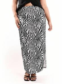 Solavibe Women's Plus Size Zebra Striped Split Thigh Skirt - Black and White - View 4