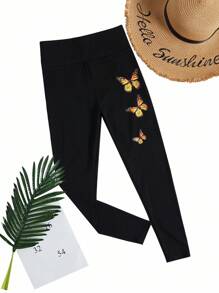 SHEIN Teen Girls' Butterfly Print Knit Leggings, Suitable For Spring, Summer, Autumn - Black - View 7