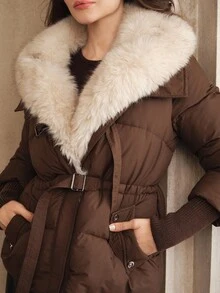 Anewsta Women's Elegant Faux Fur Collar Trim Cinched Waist Long Sleeve Zip-Up Padded Coat, Winter