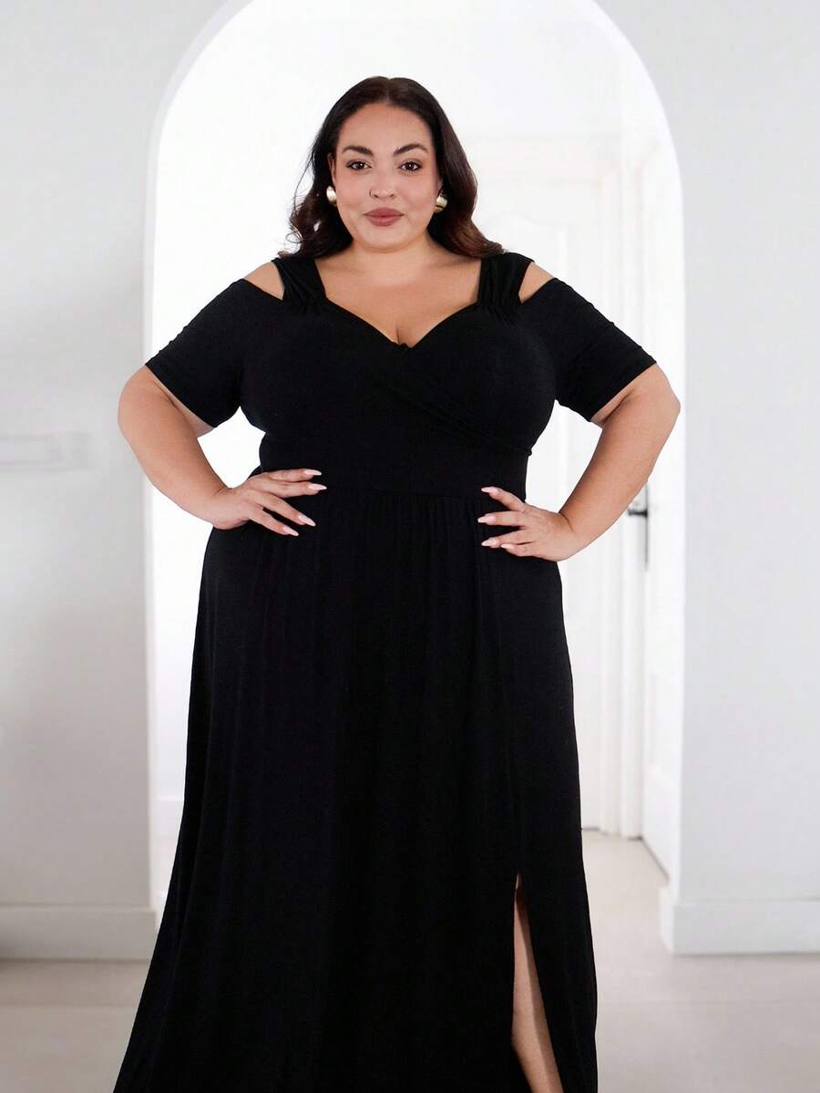 Pretty and Ole Plus Cold Shoulder Split Thigh Dress Long Evening Dresses - Black - View 1