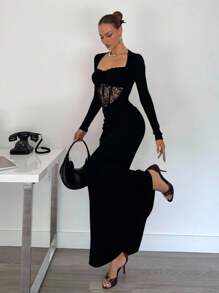 Siren Gaze Old Money Dress Date Night Dress Dresses For Wedding Guest Women's Black Lace Patchwork Fishtail Dress With Long Sleeves Solid Color Contrast Lace Long Sleeve Pleated Fitted Elegant Dress