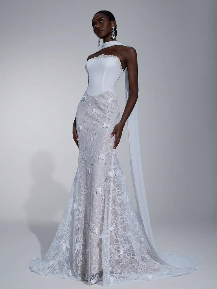 SHEIN Belle Elegant Luxurious Lace Splice Elastic Knit Mermaid Skirt With Trailing Halter Neck, Suitable For Weddings, Parties, Vacations, Balls, Honeymoons, Bridal Gowns - Beige - View 6