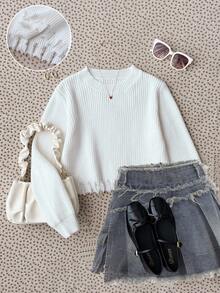 SHEIN Maglione bianco in maglia con nappe carine per ragazze pre-adolescenti, alla moda e versatile per uscite - Bianco - Visualizzare 8