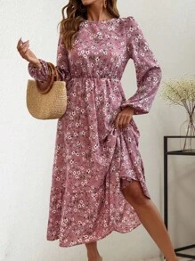 SHEIN LUNE Round Neck Floral Print Ruffle Hem Long Sleeve Dress Maxi Women Outfit