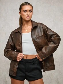 SHEIN BAE Damen einfarbige Reißverschluss Lässig vielseitige Langarm Jacke, braune Kunstleder Jacke mit melierter Textur, Gürtel am Saum, Bikerjacke im Vintage-Look, Winterjacke für Damen
