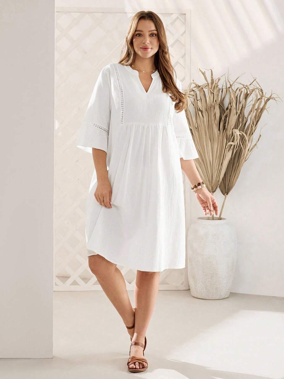 Plus Size Women White V-Neck Bell Sleeve Casual Dress For Vacation Country Spring Outfits For Women Summer Outfits For Women Fall
