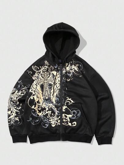 Goth Men Stylish! Thermal-Lined Hoodie With Cross Wing Print, Dark Yet Glamorous , Fall Winter