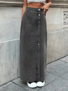 EURMUSE Women's Casual Daily Button Front Denim Skirt - Black - View 6