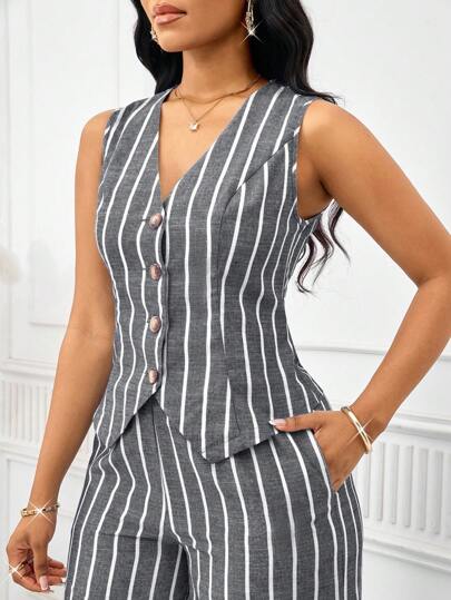 SHEIN Lady 2025 新款撞色条纹面料女士优雅无袖背心和裤子套装，商务通勤风格，夏季女士两件套服装女士两件套服装，女士工作服条纹两件套2件套女士休闲