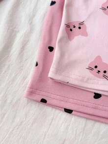 SHEIN LMoss Kids 2 件套 Tween Girls 可爱印花针织睡衣套装，1 套免费，舒适休闲家居服，适合日常穿着 - 彩色 - 查看 4