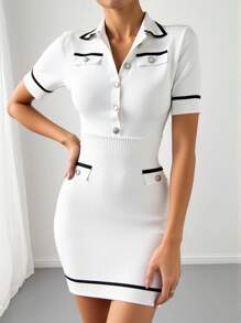 EURMUSE 优雅高领撞色条纹下摆纽扣细节假口袋短袖迷你针织连衣裙 - 黑與白 - 查看 2