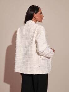 EURMUSE Women's Elegant Commuter Solid Color Tweed Jacket - White - View 2