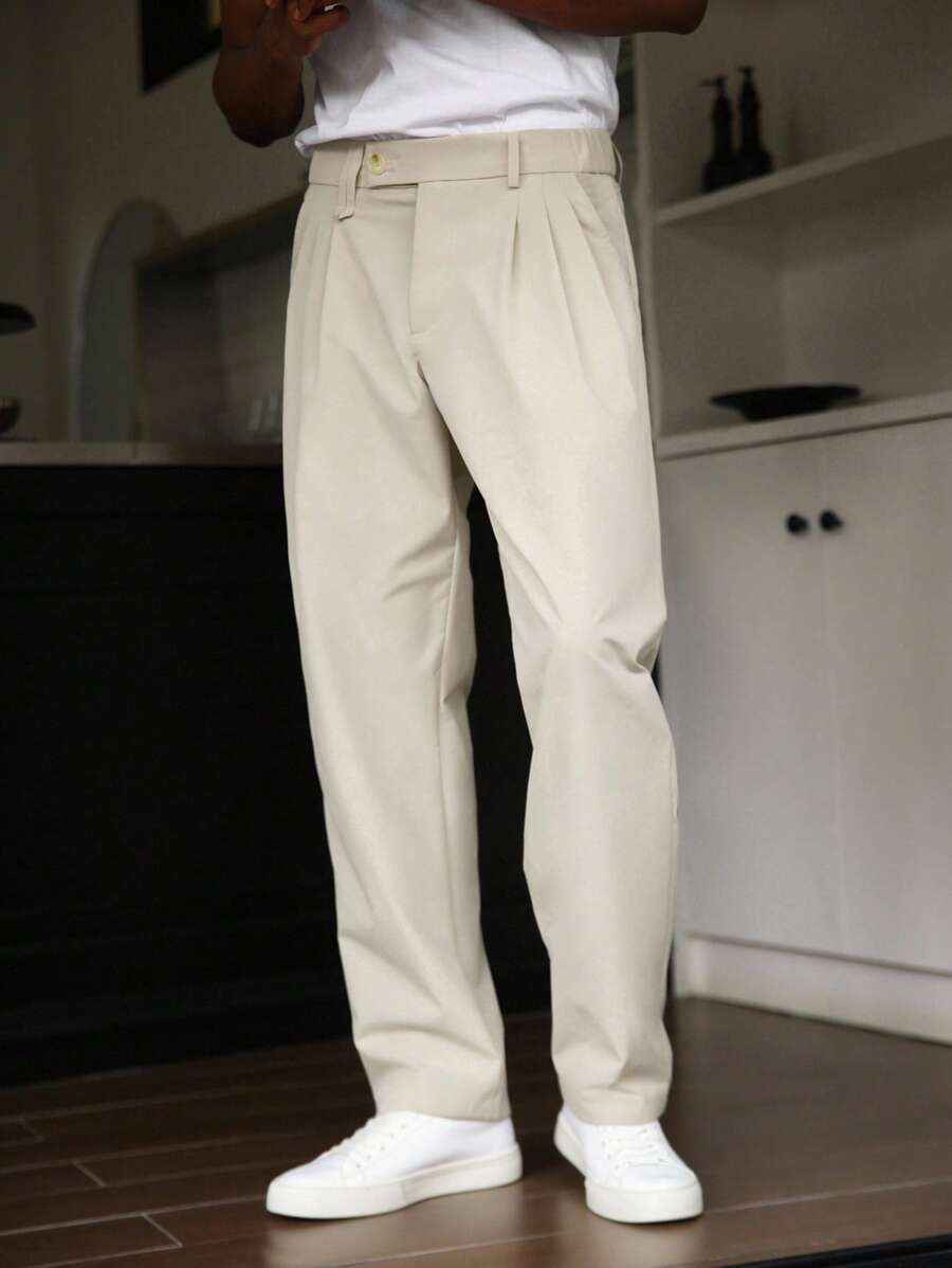 Calvornis Men's Casual Solid Color Suit Pants - Beige - View 1