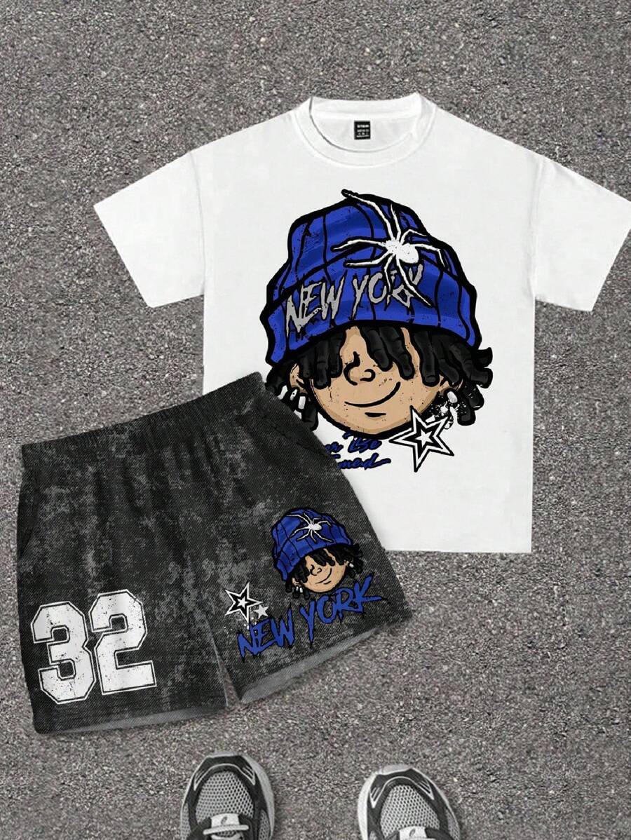 SHEIN 青少年男童两件套休闲纯色圆领短袖套装，夏季 - 白色 - 查看 1