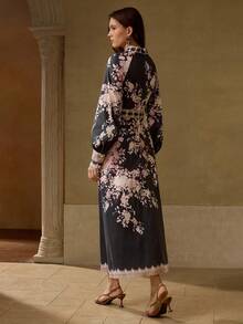 MOTF PREMIUM FLORAL PRINT MOCK NECK LANTERN SLEEVE BUCKLE BELTED LONG DRESS - Black - View 3