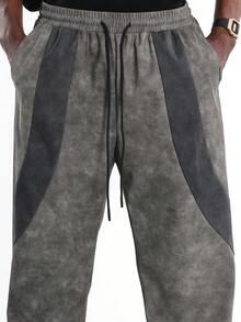 SUMWON 宽松溜冰风格拼接仿皮长裤，阔腿设计，街头时尚休闲秋冬下装，抽绳宽松裤