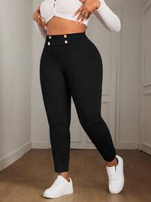 SHEIN PETITE CURVE Plus Size Women's Black Fashion Button Decor Casual High Waist Slimming Leggings, Suitable For Autumn/Winter Petite Pants For Women 2 Piece Sets Women Pants Petite Curve Pants Curve Pants Set - Black - View 7