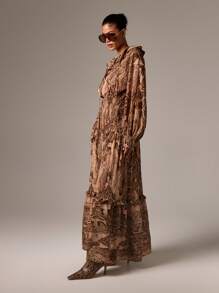 AiiRZ 波西米亚蛇纹印花长裙，长款灯笼袖，褶饰腰部飘逸荷叶边下摆，秋冬节日波西米亚风格，沙漠时尚 - 彩色 - 查看 5